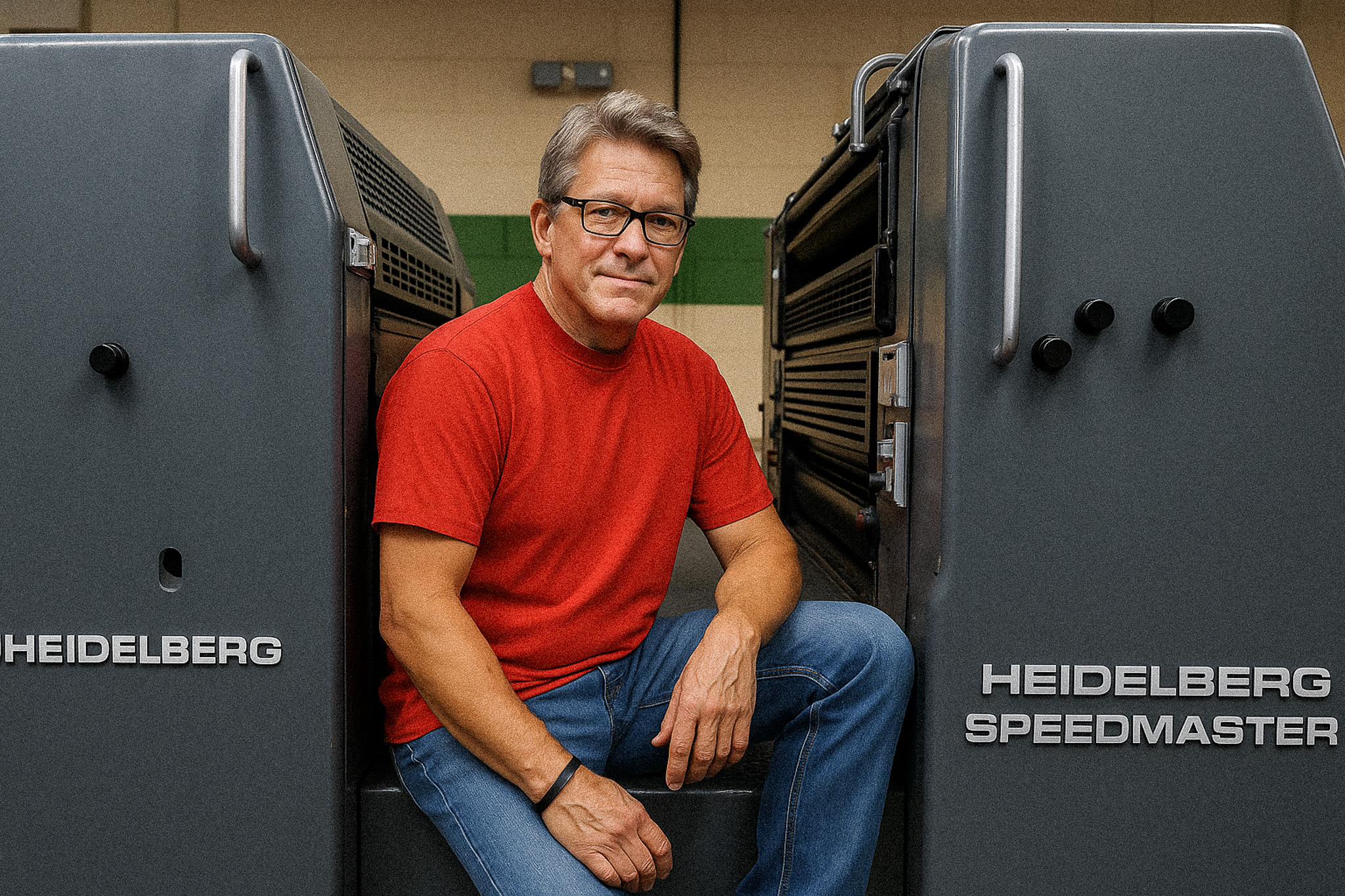 Press operator sitting between two Heidelberg Speedmaster printing units